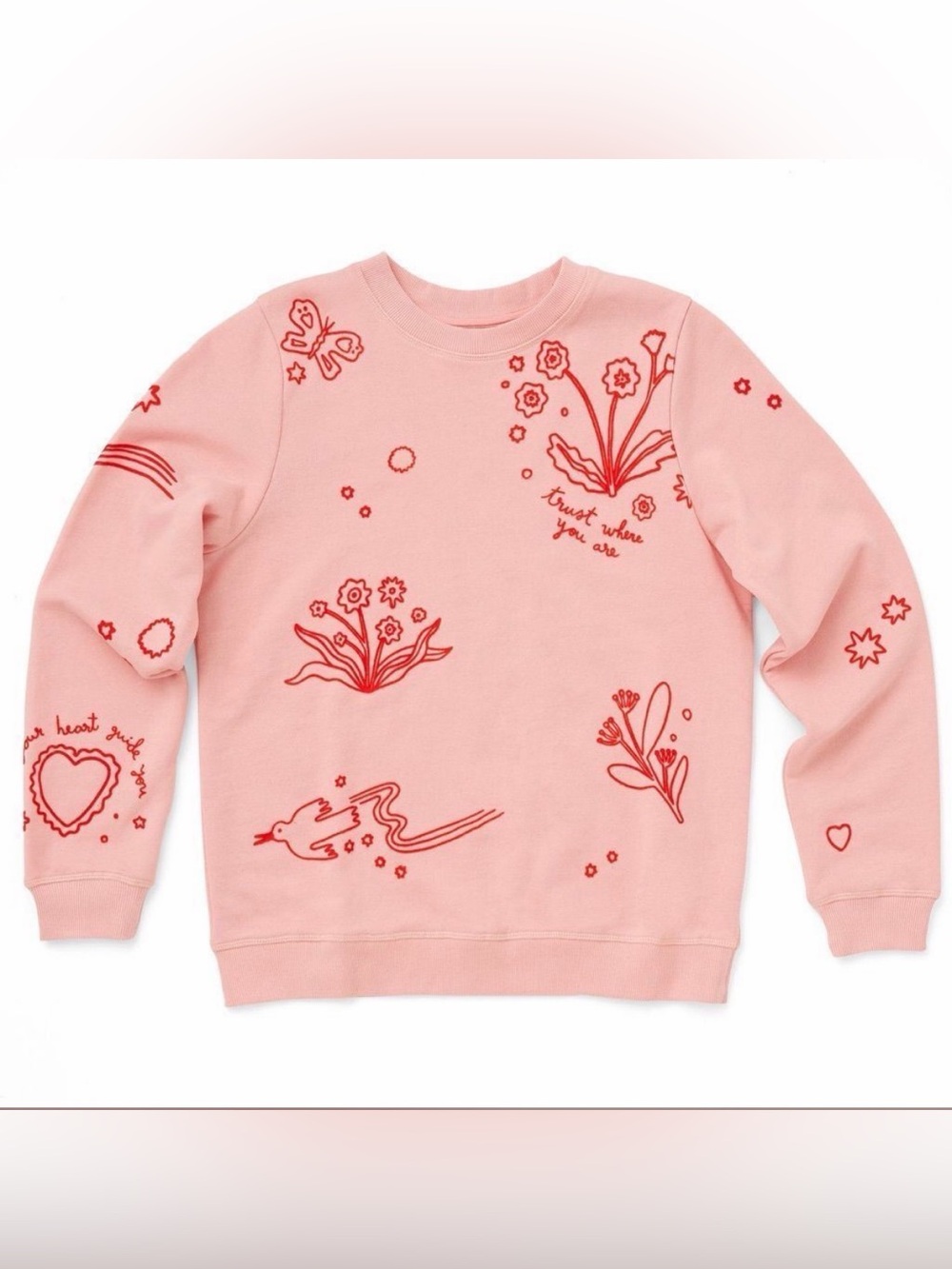 ban.do Pink Crewneck Sweatshirt with Red Floral & Doodle Prints